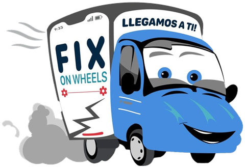 Logo de Fix On Wheels: guagua de servicio cargando un celular con el lema “Llegamos a ti”